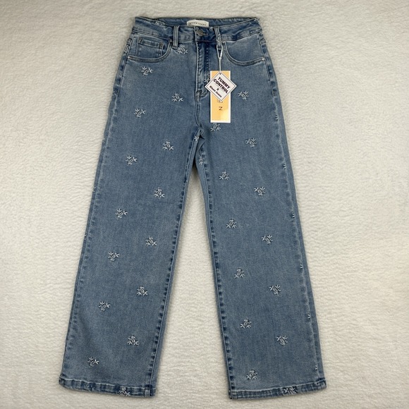 NWT RISEN High Rise Crop Wide Leg Flower Embroidered Denim Jeans Women's 5/27 - Picture 1 of 14